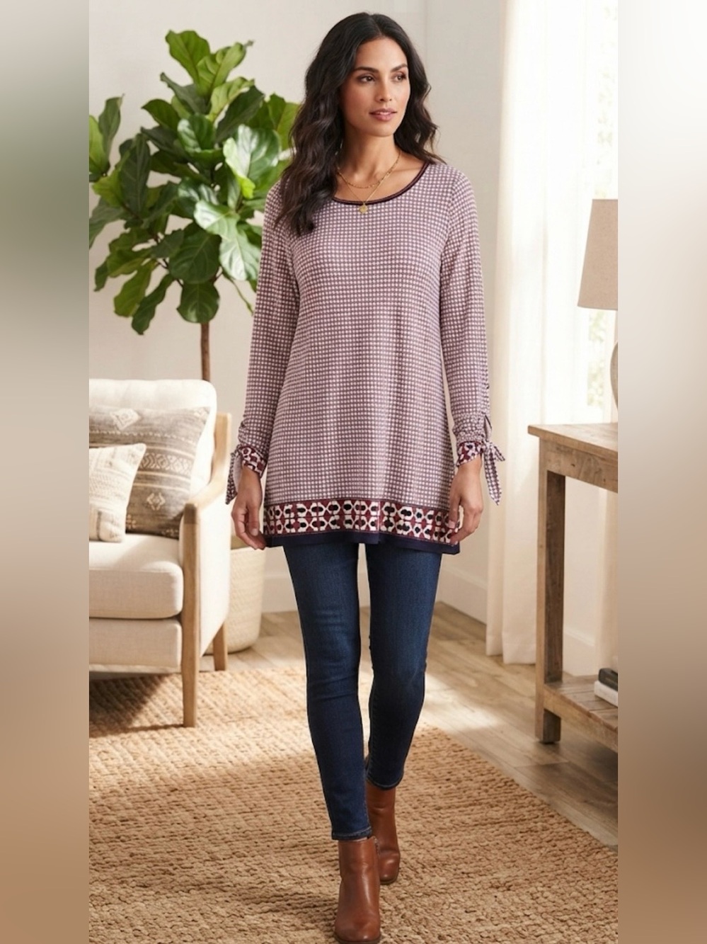 MAX STUDIO Geometric Print Long Sleeve Tie Cuffs Tunic Top L